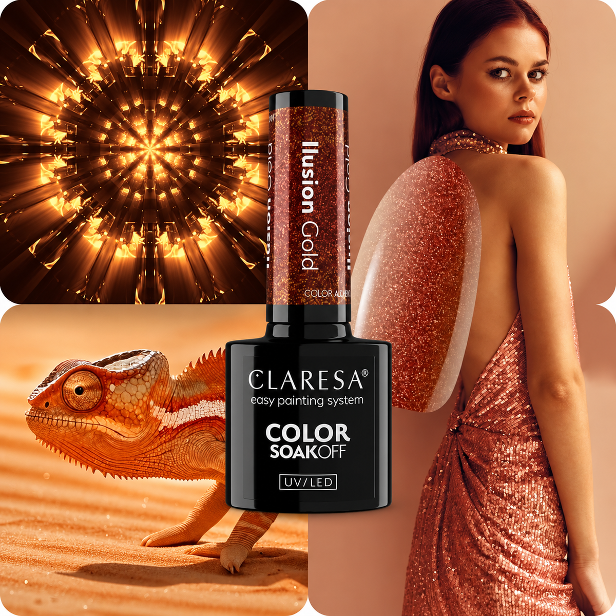 Claresa Ilusion Gold ημιμόνιμο βερνίκι νυχιών 5g σε πολυδιάστατη copper-gold glitter απόχρωση με εντυπωσιακή μεταλλική λάμψη