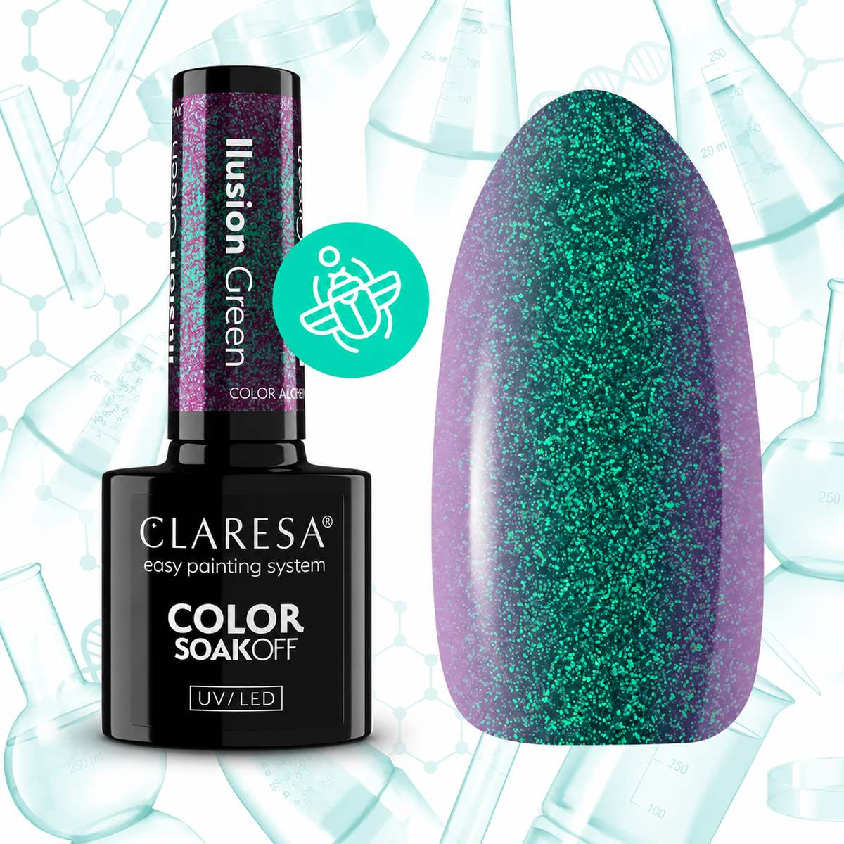 Claresa Ilusion Green ημιμόνιμο βερνίκι νυχιών 5g σε έντονη πράσινη-teal glitter απόχρωση με μεταλλική shimmer λάμψη