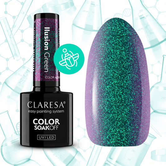 Claresa Ilusion Green ημιμόνιμο βερνίκι νυχιών 5g σε έντονη πράσινη-teal glitter απόχρωση με μεταλλική shimmer λάμψη