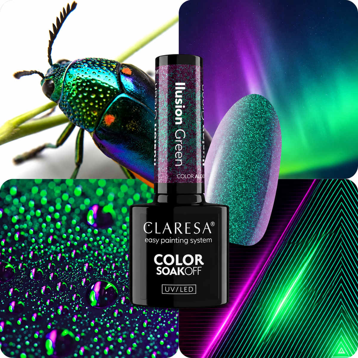 Claresa Ilusion Green ημιμόνιμο βερνίκι νυχιών 5g σε έντονη πράσινη-teal glitter απόχρωση με μεταλλική shimmer λάμψη