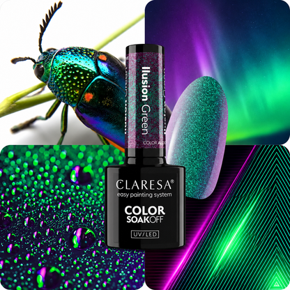 Claresa Ilusion Green ημιμόνιμο βερνίκι νυχιών 5g σε έντονη πράσινη-teal glitter απόχρωση με μεταλλική shimmer λάμψη