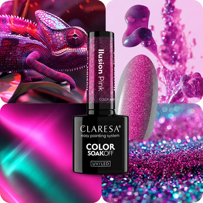 Claresa Ilusion Pink ημιμόνιμο βερνίκι νυχιών 5g σε πολυδιάστατη ροζ απόχρωση με raspberry glitter και χρυσοχάλκινες αντανακλάσεις