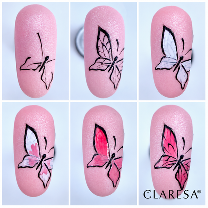 Claresa Kiss Me! 1 5g ροζ ημιμόνιμο βερνίκι νυχιών σε απαλή ροζ glitter απόχρωση με step by step σχέδιο πεταλούδας