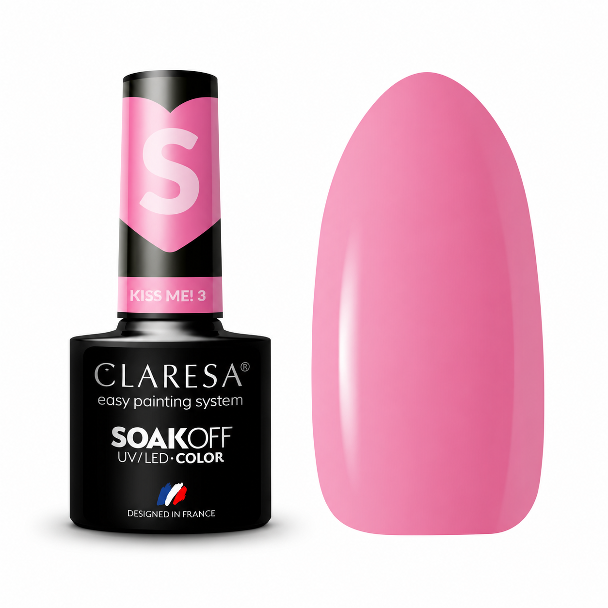 Claresa Kiss Me! 3 5g ροζ ημιμόνιμο βερνίκι νυχιών σε έντονη ροζ απόχρωση με γυαλιστερό φινίρισμα και δείγμα χρώματος UV/LED