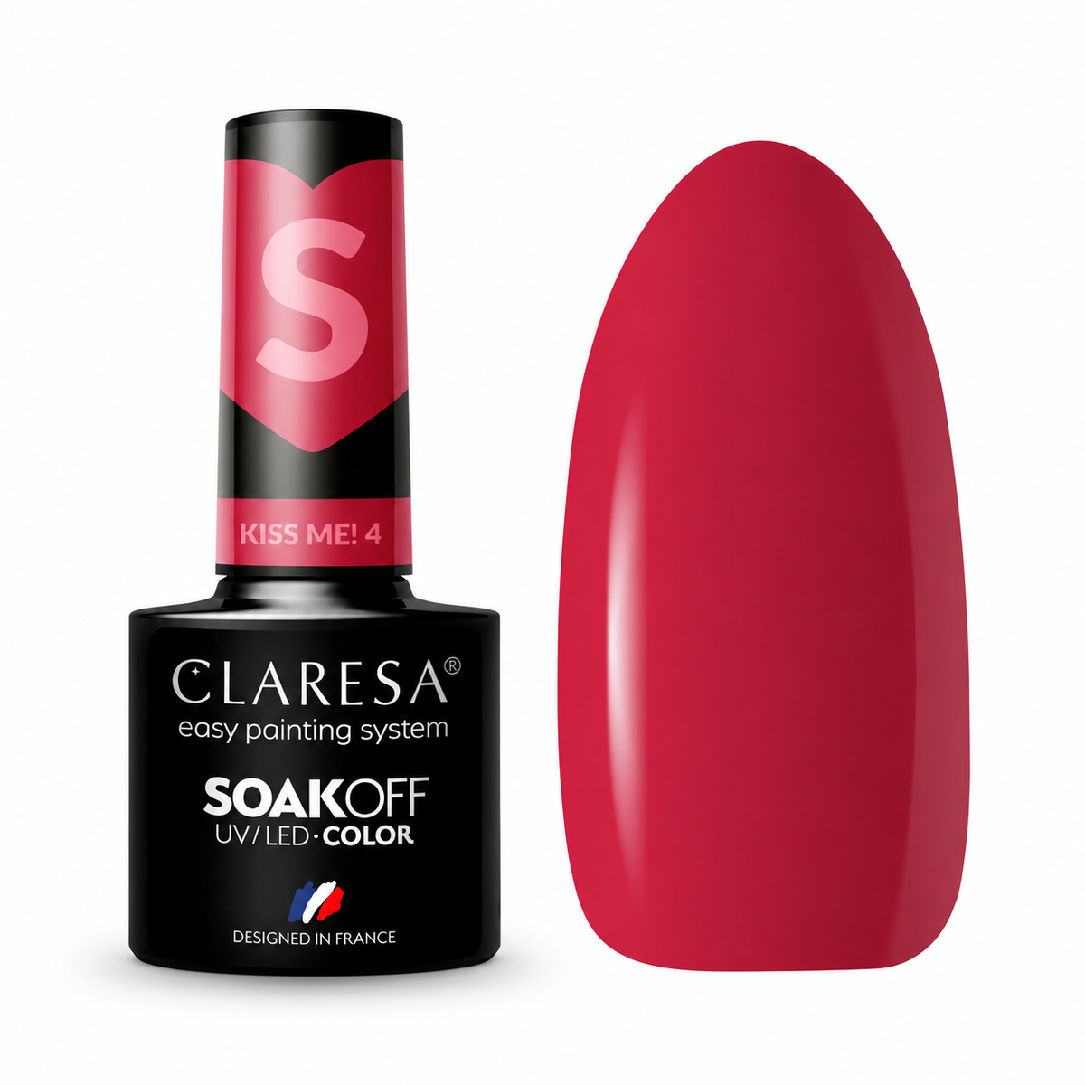 Claresa Kiss Me! 4 5g κόκκινο ημιμόνιμο βερνίκι νυχιών σε βαθιά κόκκινη απόχρωση με δείγμα χρώματος UV/LED