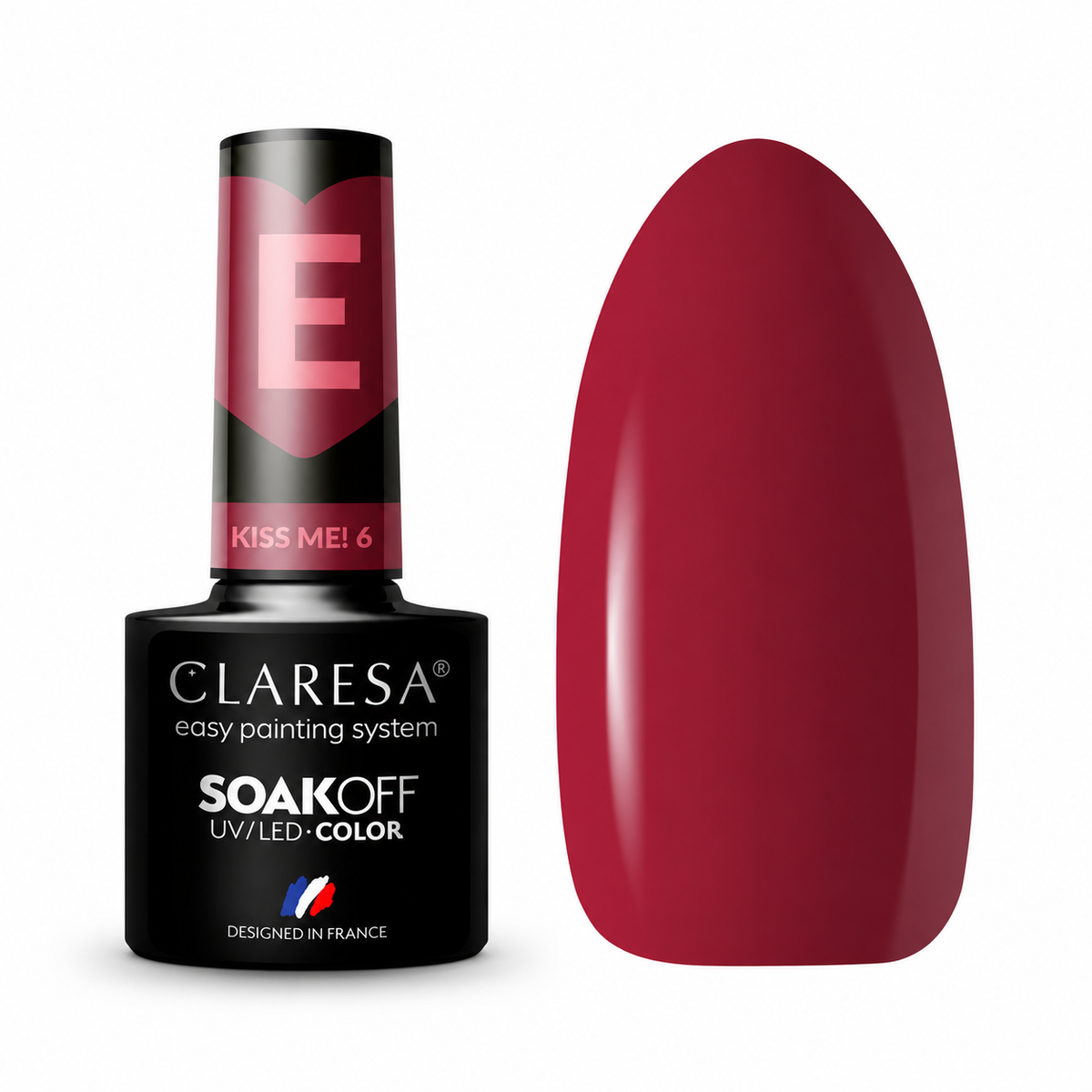 Claresa Kiss Me! 6 5g μπορντό ημιμόνιμο βερνίκι νυχιών σε βαθιά wine red απόχρωση με δείγμα χρώματος UV/LED