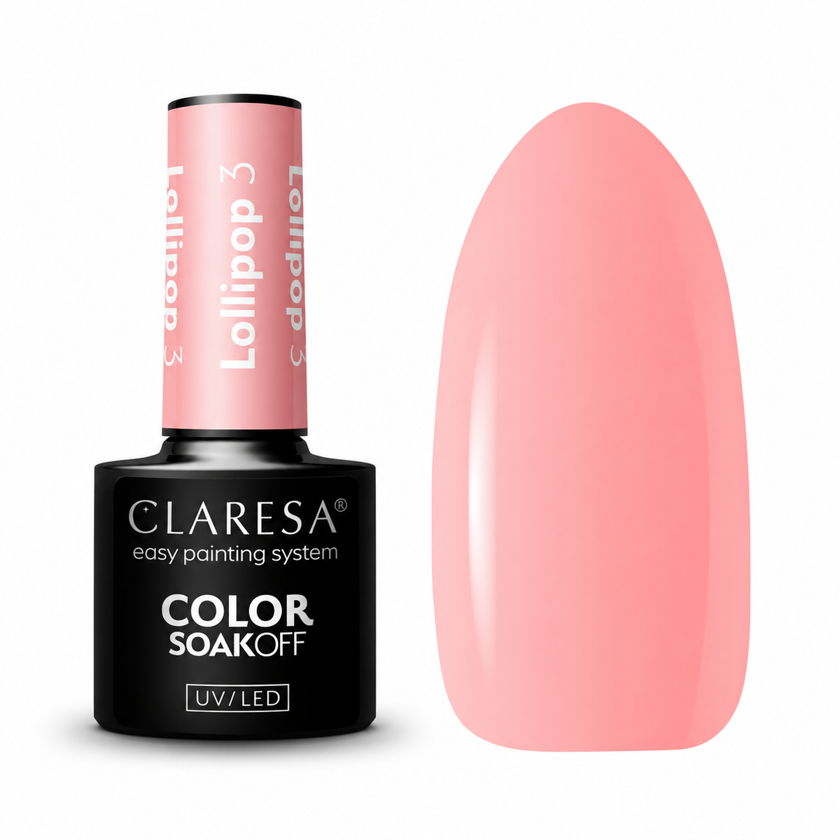 Claresa Lollipop 3 5g ροζ ημιμόνιμο βερνίκι νυχιών σε γλυκιά φράουλα-ροζ απόχρωση με δείγμα χρώματος UV/LED