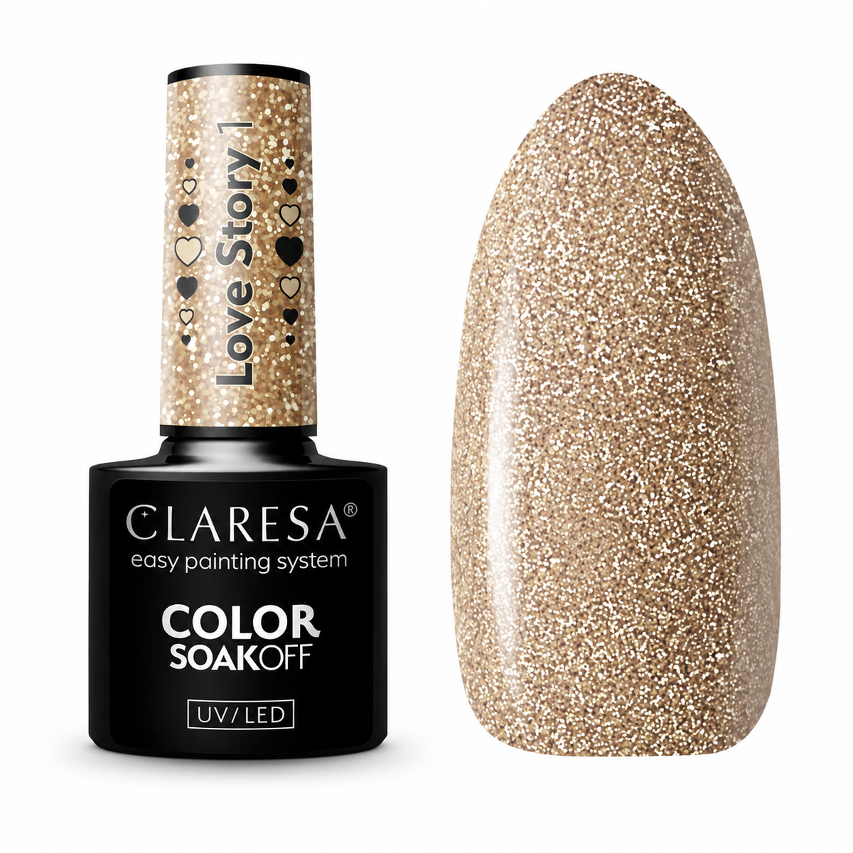 Claresa Love Story 1 χρυσό glitter ημιμόνιμο βερνίκι νυχιών 5g με λαμπερή champagne-gold απόχρωση UV/LED
