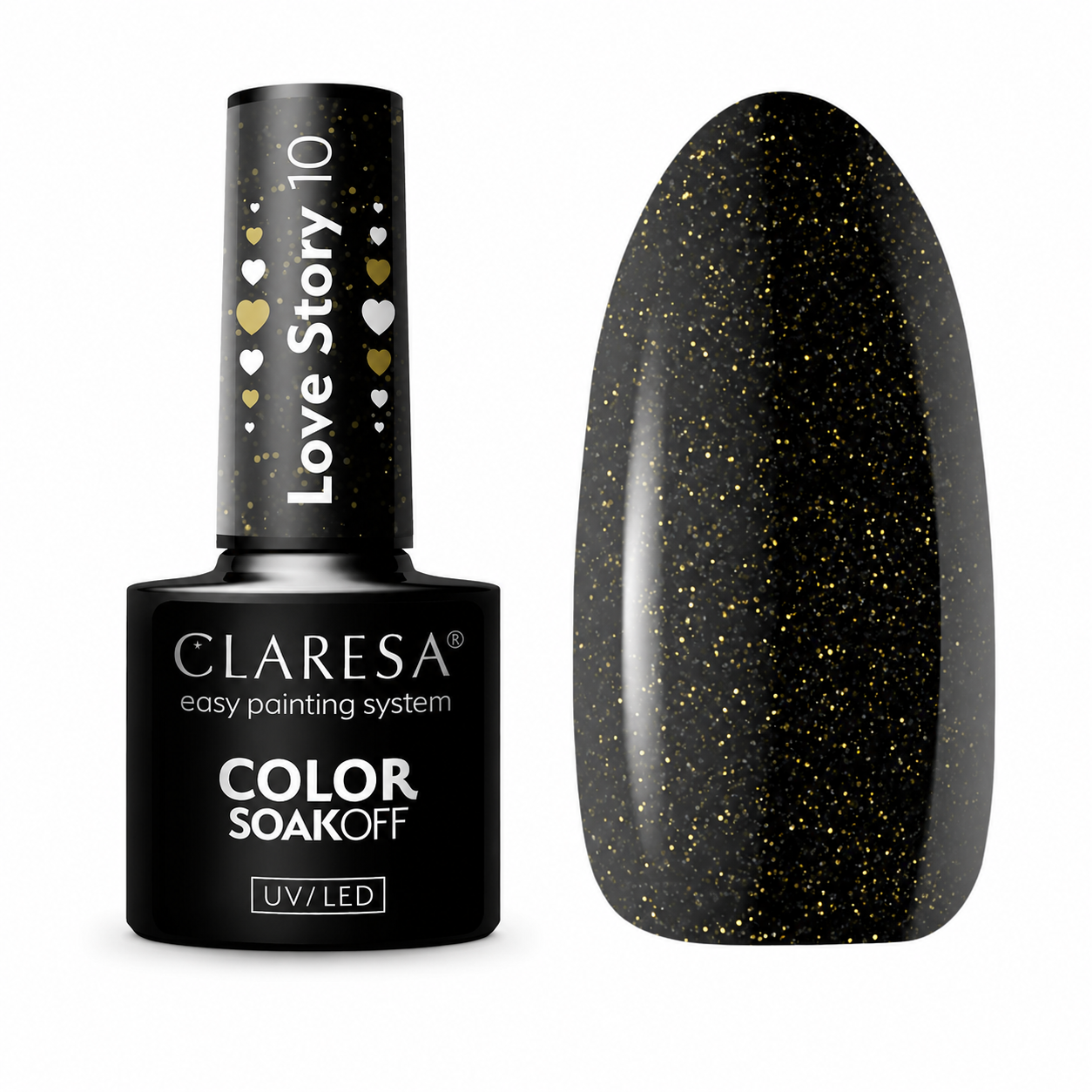 Claresa Love Story 10 μαύρο ημιμόνιμο βερνίκι νυχιών 5g με χρυσό glitter UV/LED