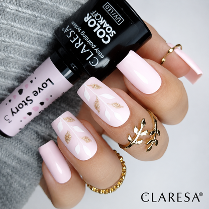 Claresa Love Story 3 ροζ ημιμόνιμο βερνίκι νυχιών 5g σε απαλή παστέλ ροζ απόχρωση με λευκό και χρυσό nail art
