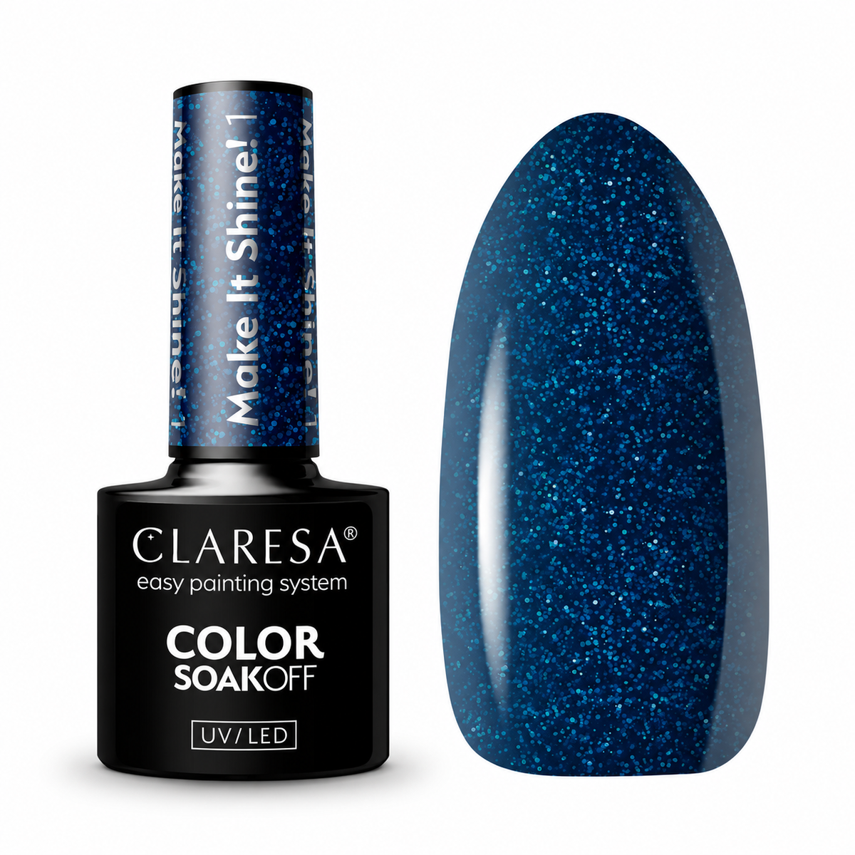 Claresa Make It Shine! 1 5g μπλε ημιμόνιμο βερνίκι νυχιών σε βαθιά μπλε απόχρωση με έντονο μπλε glitter και λαμπερό φινίρισμα UV/LED