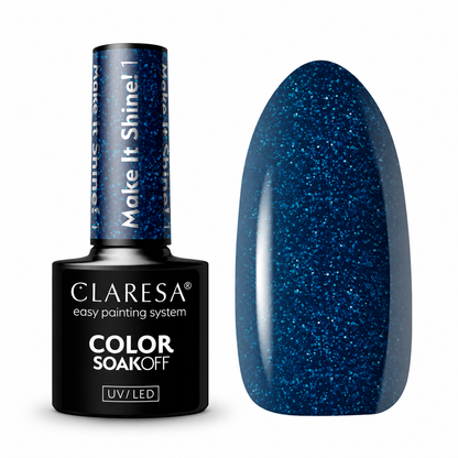 Claresa Make It Shine! 1 5g μπλε ημιμόνιμο βερνίκι νυχιών σε βαθιά μπλε απόχρωση με έντονο μπλε glitter και λαμπερό φινίρισμα UV/LED