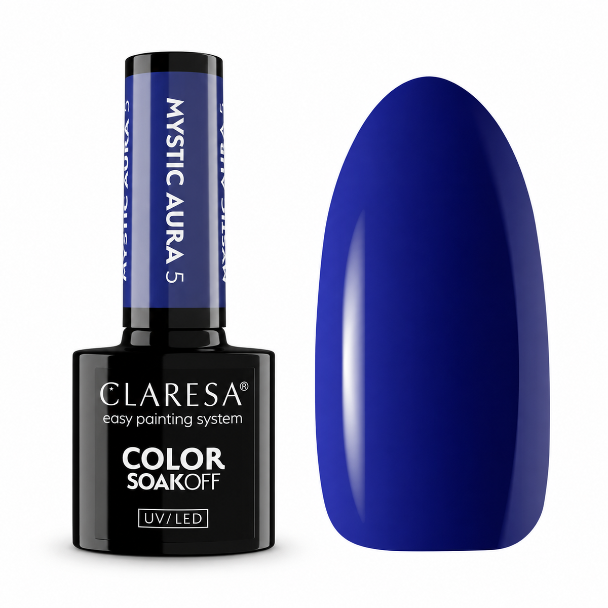 Claresa Mystic Aura 5 μπλε ημιμόνιμο βερνίκι νυχιών 5g σε βαθιά μπλε ινδίγκο απόχρωση με δείγμα χρώματος UV/LED