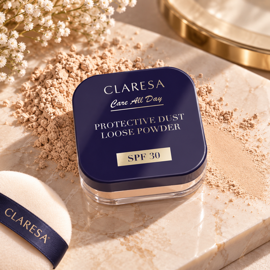 Claresa Protective Dust Loose Powder SPF 30 5g διάφανη λεπτόκοκκη πούδρα σταθεροποίησης μακιγιάζ σε κομψή μπλε συσκευασία, σε luxury beauty setting με πούδρα, puff και elegant διακόσμηση.