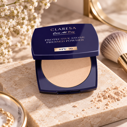 Claresa Protective Stone Pressed Powder SPF 30 Universal 10g compact πούδρα σταθεροποίησης μακιγιάζ σε ζεστή nude απόχρωση, ανοιχτή σε luxury beauty setting με μάρμαρο, πινέλο και elegant διακόσμηση.