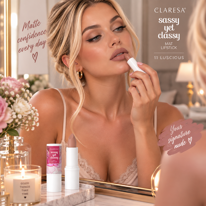 Claresa Sassy Yet Classy 11 Luscious ματ κραγιόν σε κομψή nude καφέ-ροζ απόχρωση, εφαρμοσμένο από ξανθιά γυναίκα μπροστά σε elegant boudoir