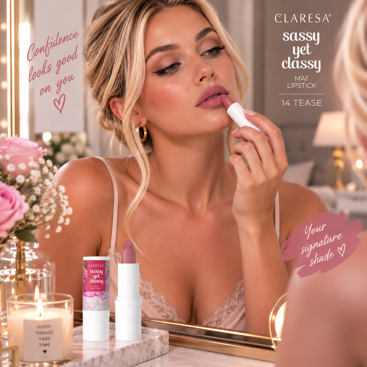 Claresa Sassy Yet Classy 14 Tease ματ κραγιόν σε κομψή dusty mauve ροζ απόχρωση, εφαρμοσμένο από ξανθιά γυναίκα μπροστά σε elegant boudoir