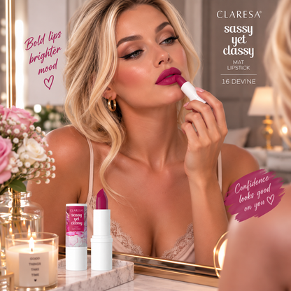 Claresa Sassy Yet Classy 16 Devine ματ κραγιόν σε έντονη berry φούξια απόχρωση, εφαρμοσμένο από ξανθιά γυναίκα μπροστά σε elegant boudoir