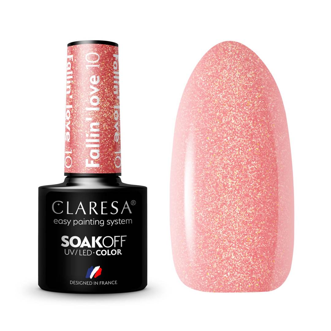 Claresa Fall in Love 10 5ml ημιμόνιμο βερνίκι νυχιών σε ροζ σαμπανιζέ απόχρωση με χρυσό ιριδίζον shimmer και λαμπερό sparkling φινίρισμα.