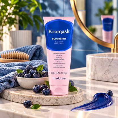 Inebrya Kromask Blueberry μπλε χρωμομάσκα μαλλιών 250ml σε premium lifestyle σκηνικό με blueberries