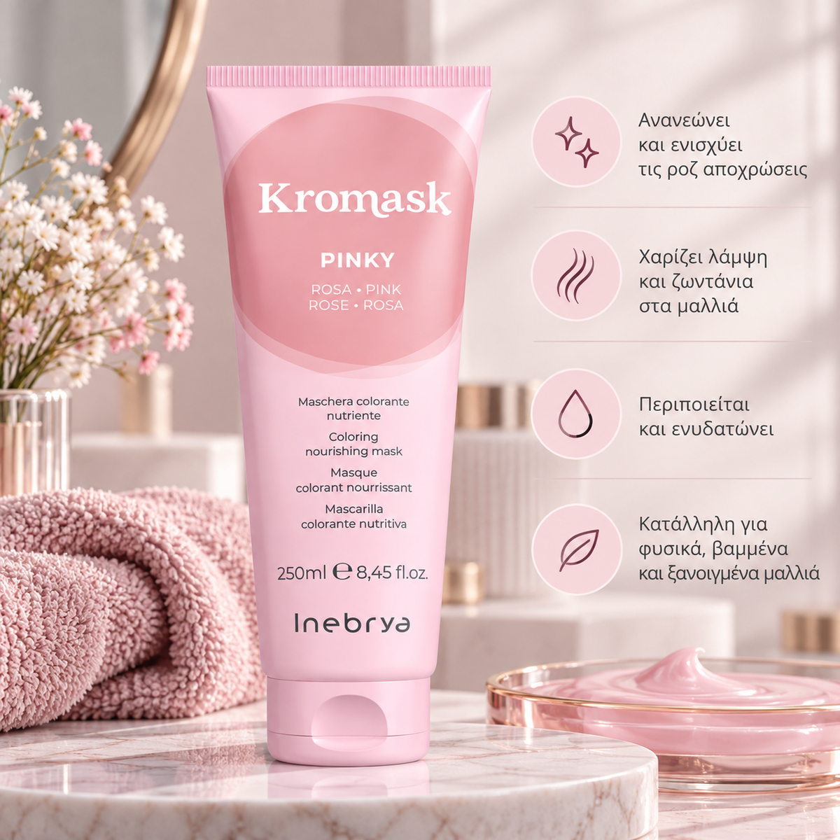 Inebrya Kromask Pinky ροζ χρωμομάσκα μαλλιών 250ml σε premium lifestyle σκηνικό με χαρακτηριστικά περιποίησης