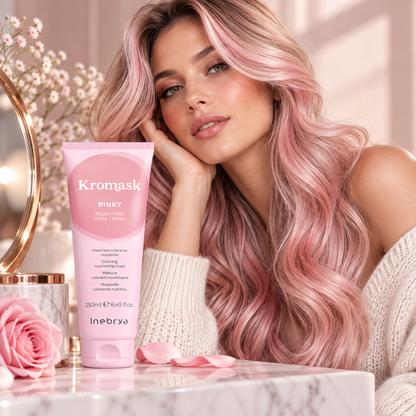 Inebrya Kromask Pinky ροζ χρωμομάσκα μαλλιών 250ml δίπλα σε γυναίκα με λαμπερά ροζ μαλλιά σε luxury σκηνικό