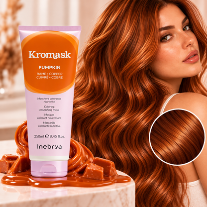 Inebrya Kromask Pumpkin Rame Copper 250ml χρωμομάσκα με μοντέλο και λαμπερά χάλκινα μαλλιά