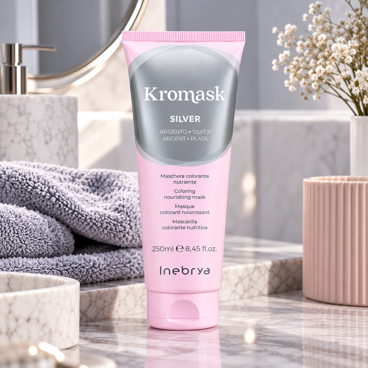 Inebrya Kromask Silver ασημί χρωμομάσκα μαλλιών 250ml σε premium lifestyle σκηνικό