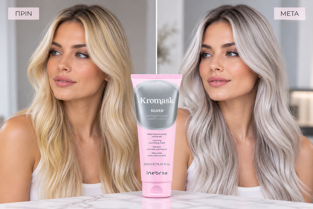Inebrya Kromask Silver ασημί χρωμομάσκα μαλλιών 250ml πριν και μετά σε ξανθά μαλλιά με θερμούς τόνους και ψυχρό silver αποτέλεσμα