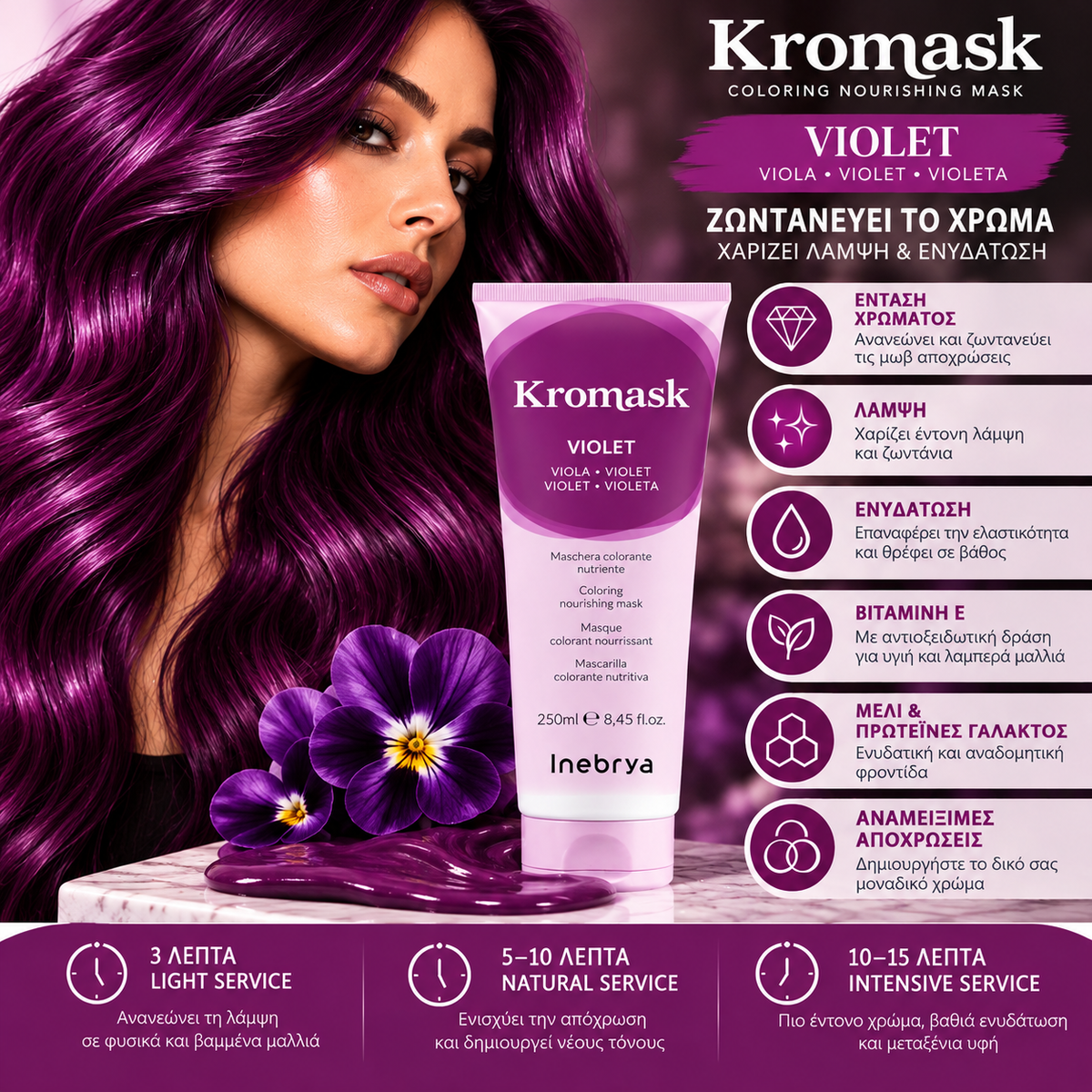 Inebrya Kromask Violet Viola 250ml διαφημιστική εικόνα με λαμπερά μωβ μαλλιά, οφέλη και χρόνους εφαρμογής