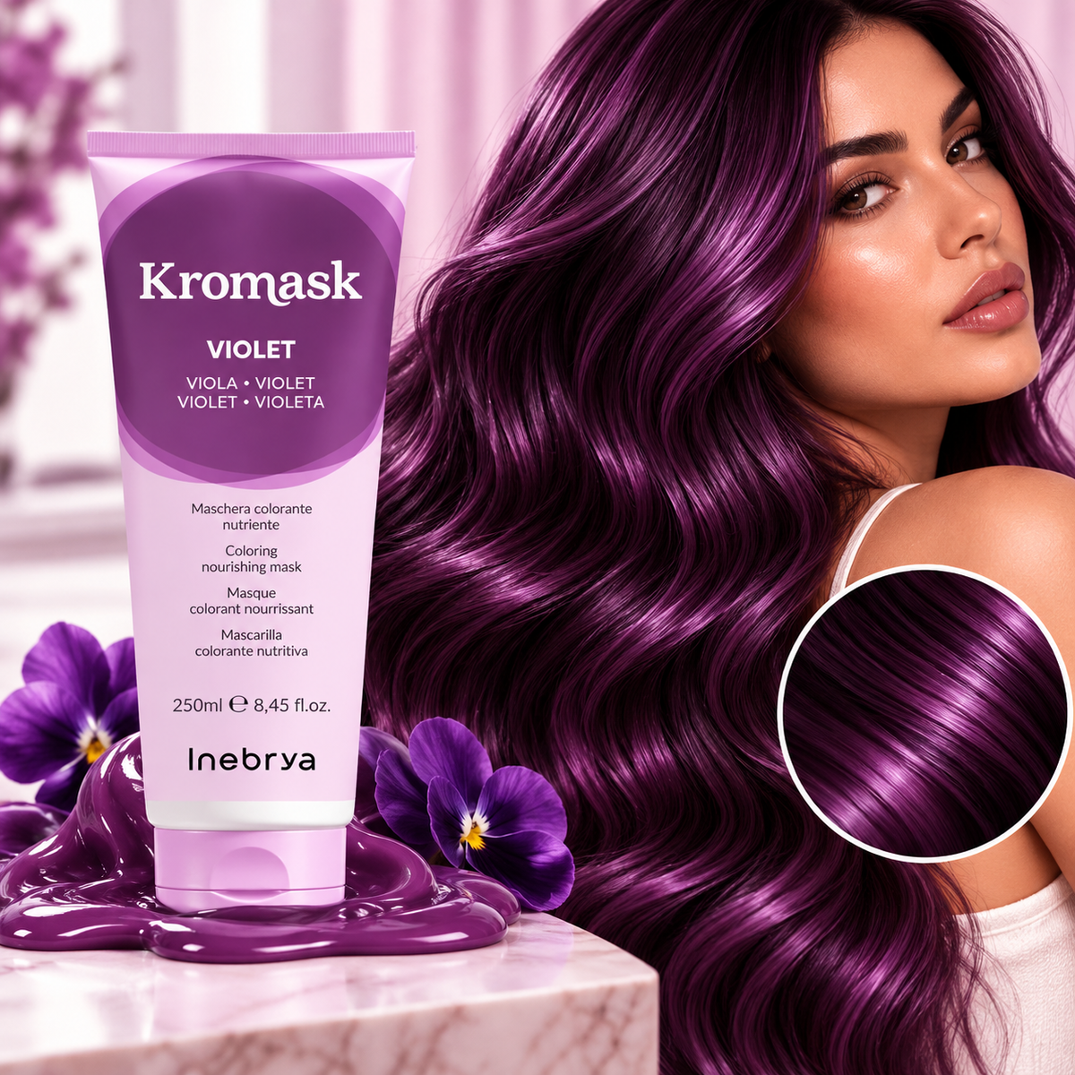 Inebrya Kromask Violet Viola 250ml με μοντέλο και μακριά λαμπερά μωβ μαλλιά