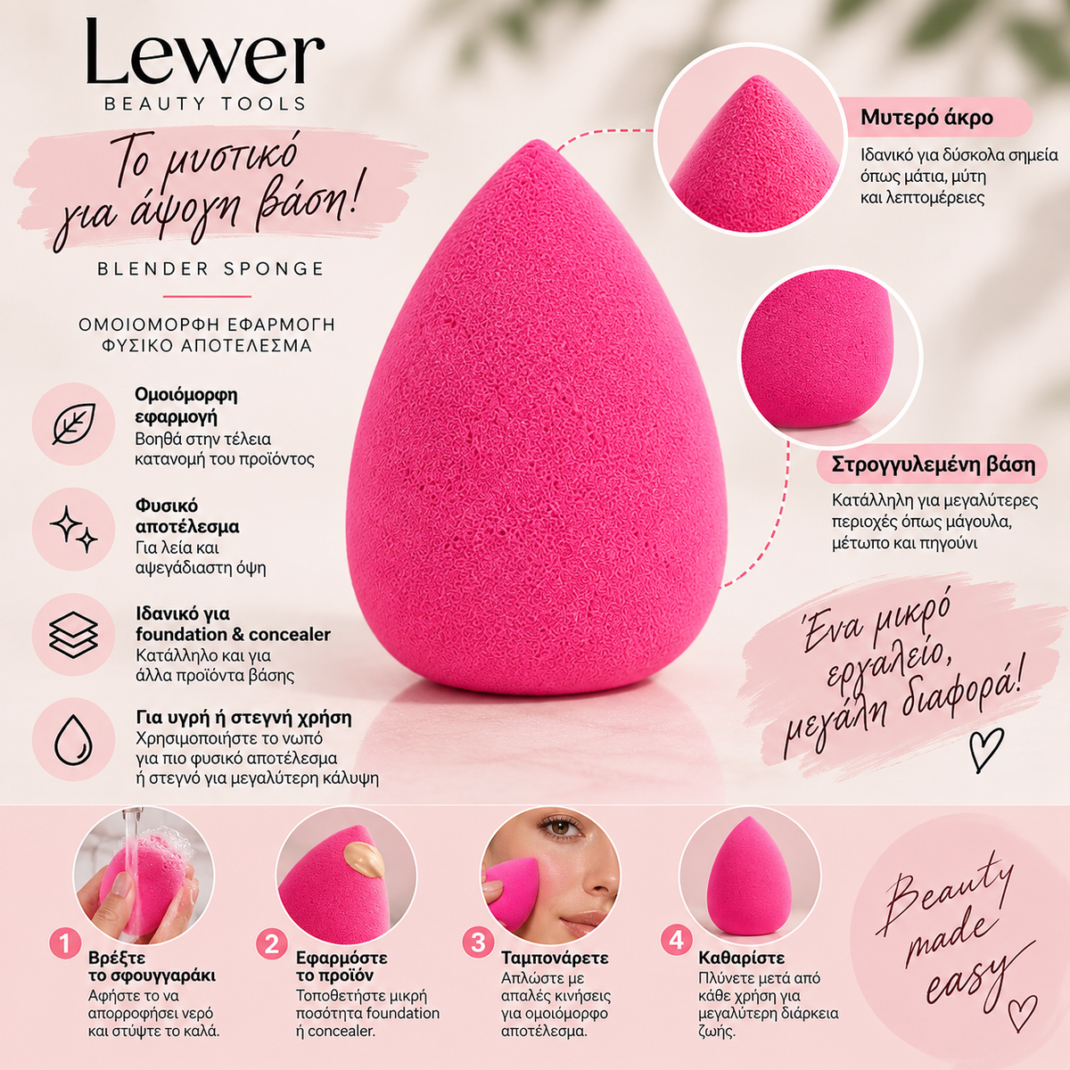 Lewer Blender Sponge ροζ σφουγγαράκι μακιγιάζ σε σχήμα σταγόνας, με γυναίκα που εφαρμόζει foundation στο πρόσωπο για ομοιόμορφη και φυσική βάση.