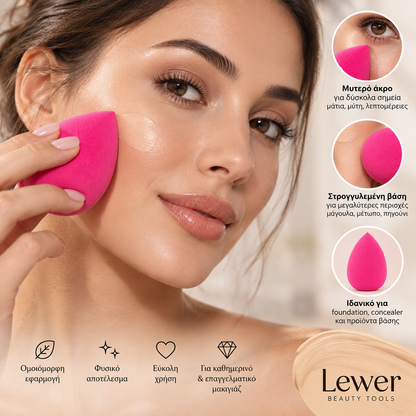 Lewer Blender Sponge ροζ σφουγγαράκι μακιγιάζ σε σχήμα σταγόνας, με γυναίκα που εφαρμόζει foundation στο πρόσωπο για ομοιόμορφη και φυσική βάση.