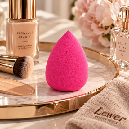 Lewer Blender Sponge ροζ σφουγγαράκι μακιγιάζ σε σχήμα σταγόνας, σε πολυτελές luxury beauty setting με μάρμαρο, χρυσές λεπτομέρειες και προϊόντα μακιγιάζ.