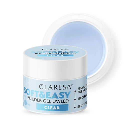 Claresa Soft & Easy Builder Gel Clear UV/LED - Thixotropic, Heatless Formula, Self-leveling, ιδανικό για κατασκευή και επιμήκυνση φυσικών νυχιών